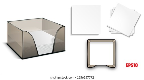 set-mockup plastic box with stickers. Square blank white sheets. Stationery for the office. Leaflets with glue Notepads organizer template Notes. Realistic image 3D. Isolated white background vector  