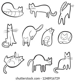 Setn with doodle cats. Collection with  playing kitten in incomlete cute sketchy style. Vector line art  illustration. Simple domestic pets.