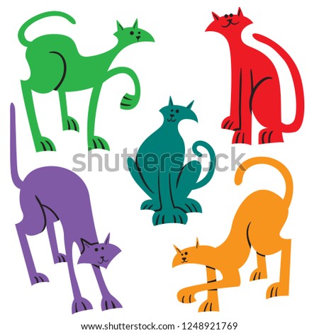 Setn with doodle cats. Collection with  playing kitten in incomlete cute cartoon style. Vector illustration. Simple domestic pets.