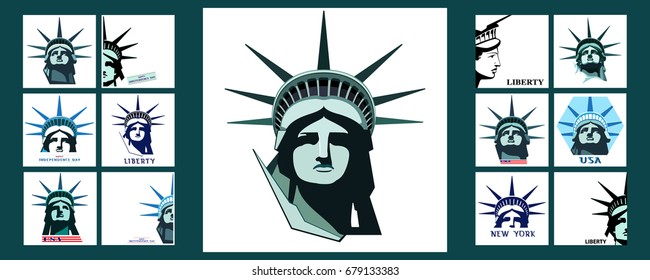 Set.Portrait,Statue of Liberty USA.Green,blue elements for infographics on a white background. New York. Download banner. Street Business Poster.picture Sculpture. National Symbol of America.logo