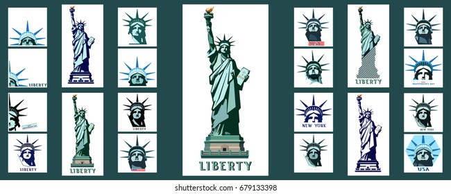 
Set.Portrait,Statue of Liberty USA.Green,blue elements for infographics on a white background. New York. Download banner. Street Business Poster.picture Sculpture. National Symbol of America.logo
