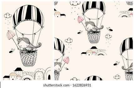 Set.Print with Cute Girl with umbrella flying on Hot Air Balloon and Seamless Pattern. Hand drawn vector illustration