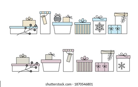 Setr of border with hand drawn various decorated Christmas gift boxes in pink, blue, beige and white, isolated on white background. Retro vintage style vector design element for greeting cards