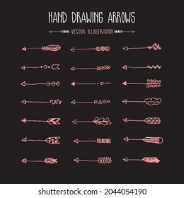 Sets of 21 Hand drawing arrows. Pink arrows on black background, vector illustration.