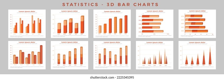 Sets of 3D Bar Charts Infographics Design Templates. Vector elements for data and statistics design