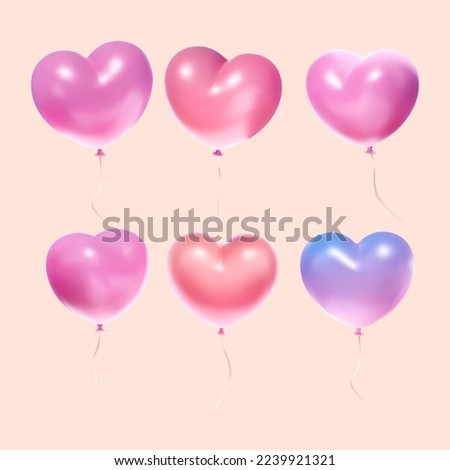 Sets of 3D colorful heart shape balloon tied with ribbon isolated on pastel beige background. Suitable for Valentine's Day and Mother's Day decoration.