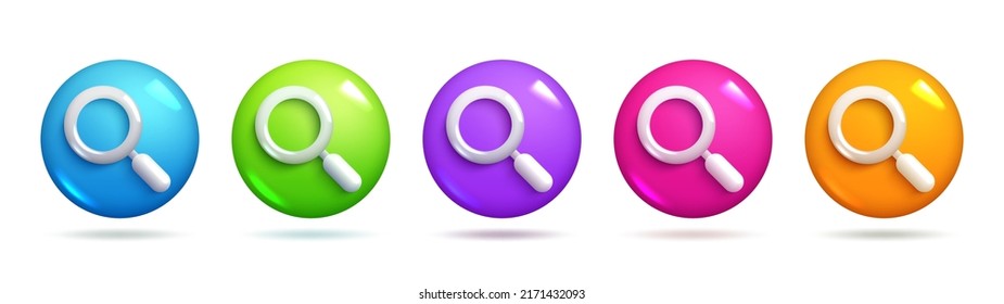 Sets of 3d realistic search icon. Colourful icons in blue, green, violet, pink and orange. 3d Sets of Vector Elements.