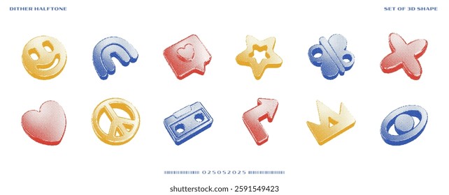 Sets of 3D shapes in Dither halftone dot texture. Vector isolated elements: smile, rainbow, bubble speech, star, butterfly, flower, heart, peace sign etc on transparent background in Pixelated bitmap - Powered by Shutterstock - Get 15% off with code: PIKWIZARD15