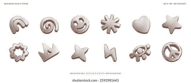 Sets of 3D shapes in Dither halftone dot texture. Vector isolated elements: rainbow, spiral, smile, asterisk, heart, star, lightning, peace sign etc on transparent background in Pixelated bitmap