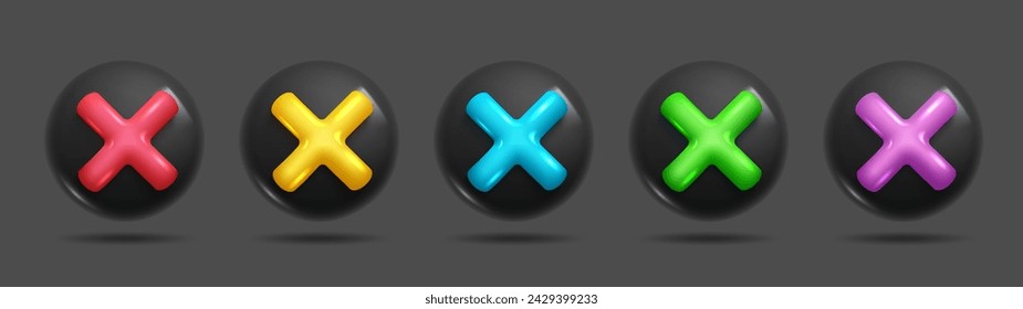Sets of 3d vector reject x icons dark mode. Colourful icons for creative and modern design. 3d Sets of Vector Elements.