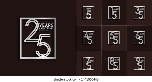 sets of anniversary design with double line in square style silver color. design template can be use for greeting card, invitation, wedding and celebration moment.