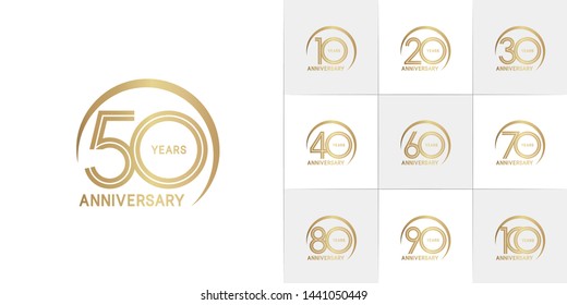 sets of anniversary design with double line and swoosh style gold color. design template can be use for greeting card, invitation, wedding and celebration moment.