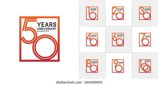 sets of anniversary design with double line in square style orange color. design template can be use for greeting card, invitation, wedding and celebration moment.