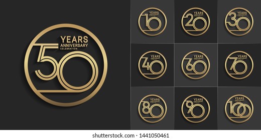 sets of anniversary design with double line in circle style gold color. design template can be use for greeting card, invitation, wedding and celebration moment.