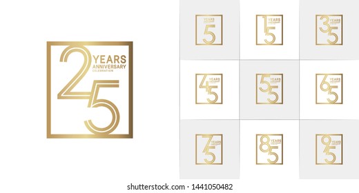 sets of anniversary design with double line in square style gold color. design template can be use for greeting card, invitation, wedding and celebration moment.