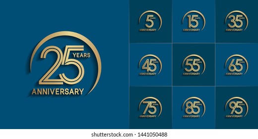 sets of anniversary design with double line and swoosh style gold color. design template can be use for greeting card, invitation, wedding and celebration moment.