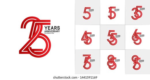 sets of anniversary design with double line style overlap red color. design template can be use for greeting card, invitation, wedding and celebration moment.