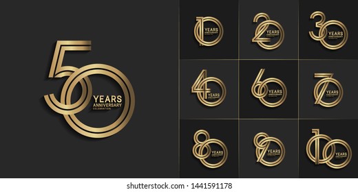 sets of anniversary design with double line style overlap gold color. design template can be use for greeting card, invitation, wedding and celebration moment.