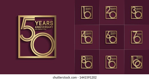 sets of anniversary design with double line in square style gold color. design template can be use for greeting card, invitation, wedding and celebration moment.