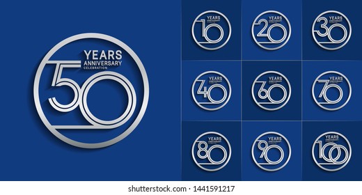 sets of anniversary design with double line in circle style silver color. design template can be use for greeting card, invitation, wedding and celebration moment.