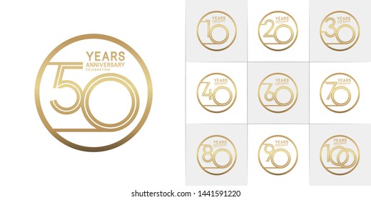 sets of anniversary design with double line in circle style gold color. design template can be use for greeting card, invitation, wedding and celebration moment.