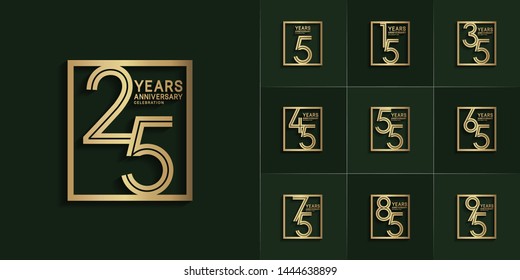 sets of anniversary design with double line in square style gold color. design template can be use for greeting card, invitation, wedding and celebration moment.