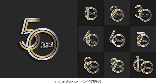 sets of anniversary design with double line style overlap silver and gold color. design template can be use for greeting card, invitation, wedding and celebration moment.