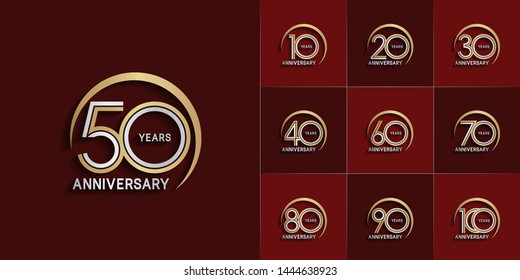 sets of anniversary design with double line and swoosh style gold and silver color. design template can be use for greeting card, invitation, wedding and celebration moment.