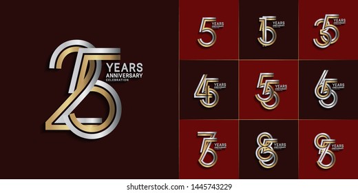 sets of anniversary design with double line style overlap silver and gold color. design template can be use for greeting card, invitation, wedding and celebration moment.
