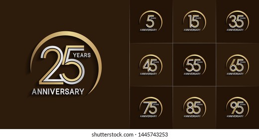 sets of anniversary design with double line and swoosh style gold and silver color. design template can be use for greeting card, invitation, wedding and celebration moment.