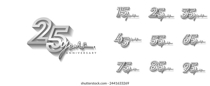 Conjuntos de estilo de logotipo de aniversario con color plateado para evento de celebración, boda, tarjeta de felicitación e invitación