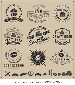 Sets of bake shop, craft beer, coffee shop logo and insignia for branding, label, product packaging, letterpress and other design || Vector illustration and free font used