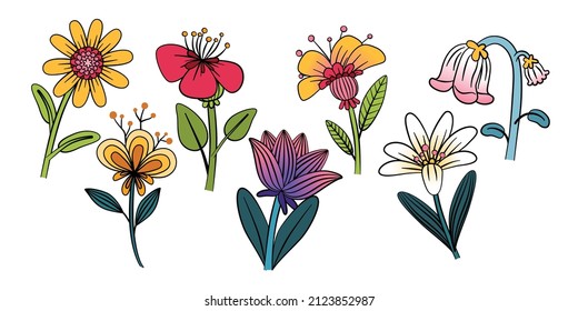 Sets of Beautiful Colorful Flowers, Doodle Arts, Vector, Illustration
