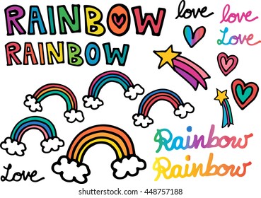 Sets of beautiful and cute rainbow with shooting stars and hearts. Shooting stars, hearts and rainbows are great with decorating cards, posters or any graphics needed. 