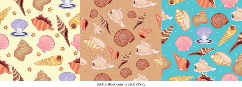 Conjuntos de hermosas conchas marinas sobre fondo de color. Patrones para d