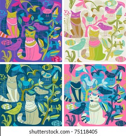 Sets of birds, cats and plants