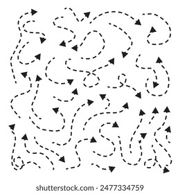 Sets of black drawing arrows and icons in white background. Curve Dotted arrow line in vector collection.  Clean and clear dot arrows style doodle set hand drawn. 