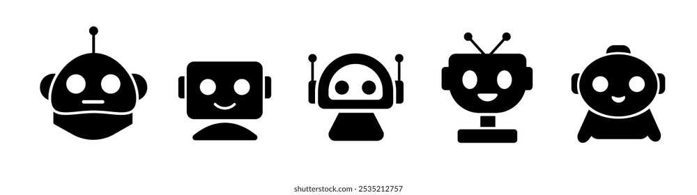 Conjuntos de icono de cara sonriente de robot negro. Lindos bots de ayuda futuristas en estilo minimalista.