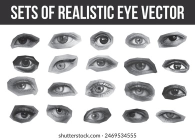 Sets of black and white cropped realistic eyes vector. Collage design elements.