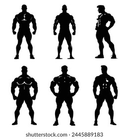 Sets von Body Builder Man Variante Pose Black Silhouette mit Umriss Dicke Ansicht Isoliert Weiß Hintergrund