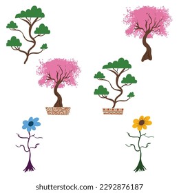 Sets of bonsai, sakura, and sun flowers ,good for graphic design resource, pamflets, posters, banners, and more.