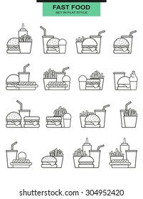 Sets burgers with drinks, potato fries, and ice cream in the lines. 