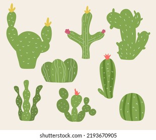Sets with cacti in doodle style. Green desert plants. Vector stock illustration. hand drawn. Modern style. Flowers