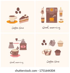 Sets of cards with cup of coffee and the coffee cake in line art style on background. Vector modern illustration in flat design.