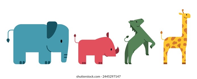 Sets of cartoon zoo animals illustration isolated on white background. Simple, cute and colorful vector illustration for children. Elephant, Rhino, Horse, and Giraffe doodle