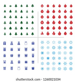 Sets of Christmas. Christmas trees icons set, Christmas balls icons set, Christmas gift boxes icons set and snowflakes icons set. 133 icon
