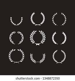 Sets of circular laurel foliate, wreaths and wheat symbolize an award, nobility, heraldry, achievement, nomination. Vector illustration in isolated dark background