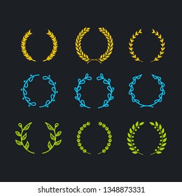 Sets of circular laurel foliate, wreaths and wheat symbolize an award, nobility, heraldry, achievement, nomination. Vector illustration in isolated dark background