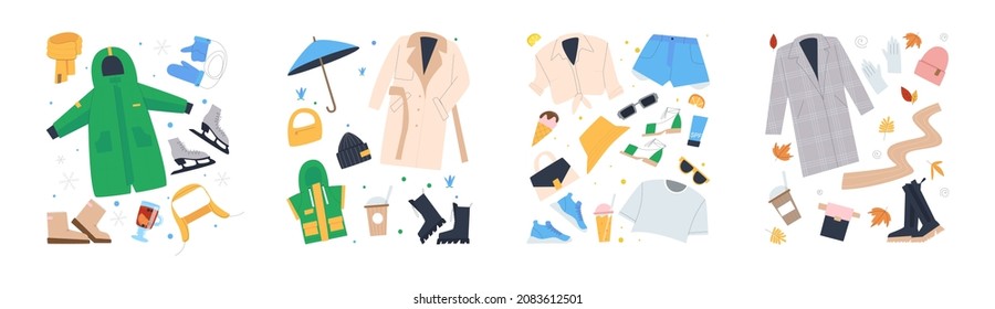 Sets of clothing items for the four seasons. Kits for winter, spring, summer and fall. Closet. Flat vector illustration.