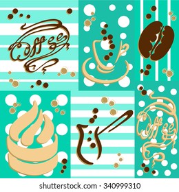 sets of coffee and accessories label coffee on a bright background